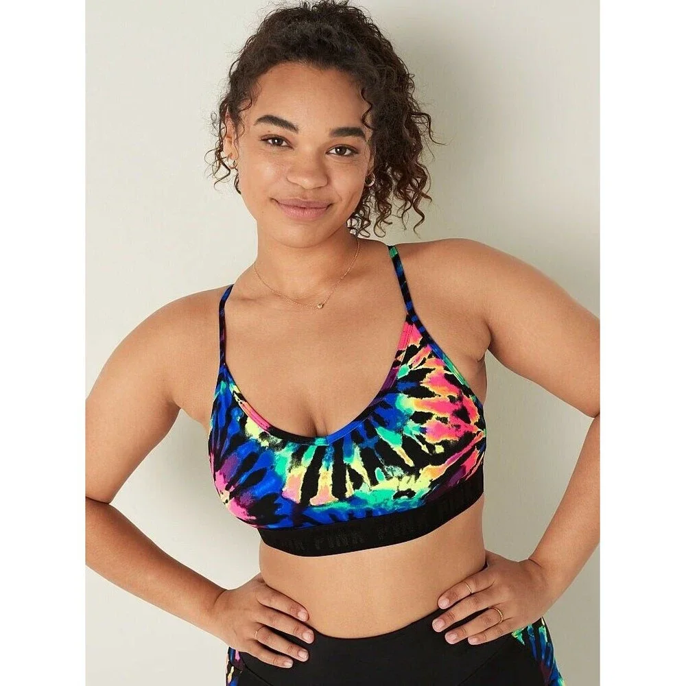 Vs Victorias Secret Pink Ultimate Lightly Lined Sport Bra Top Rainbow Tie Dye XL - Picture 2 of 7